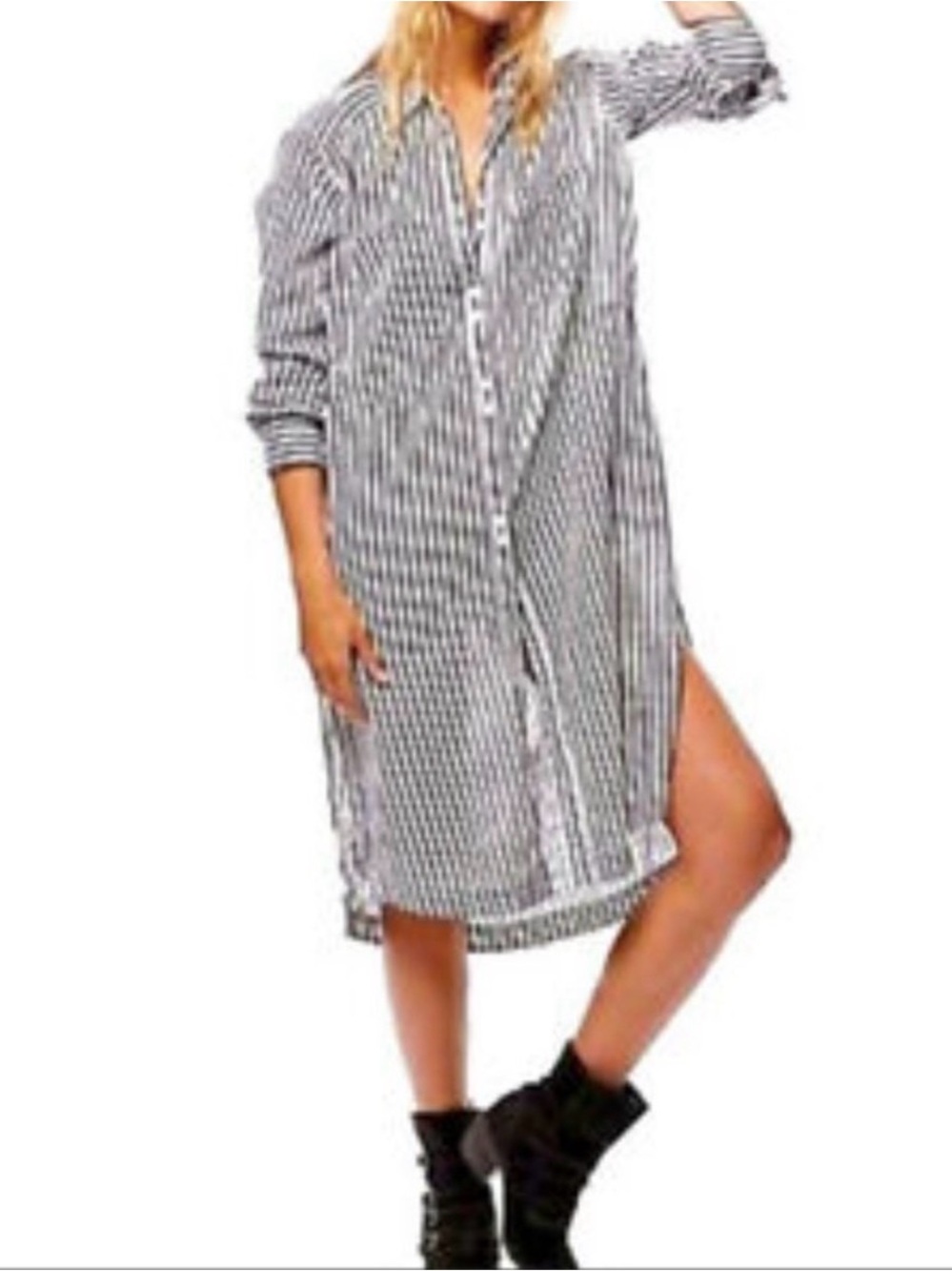 Free People Striped Button-Down Shirt Dress in Black and White